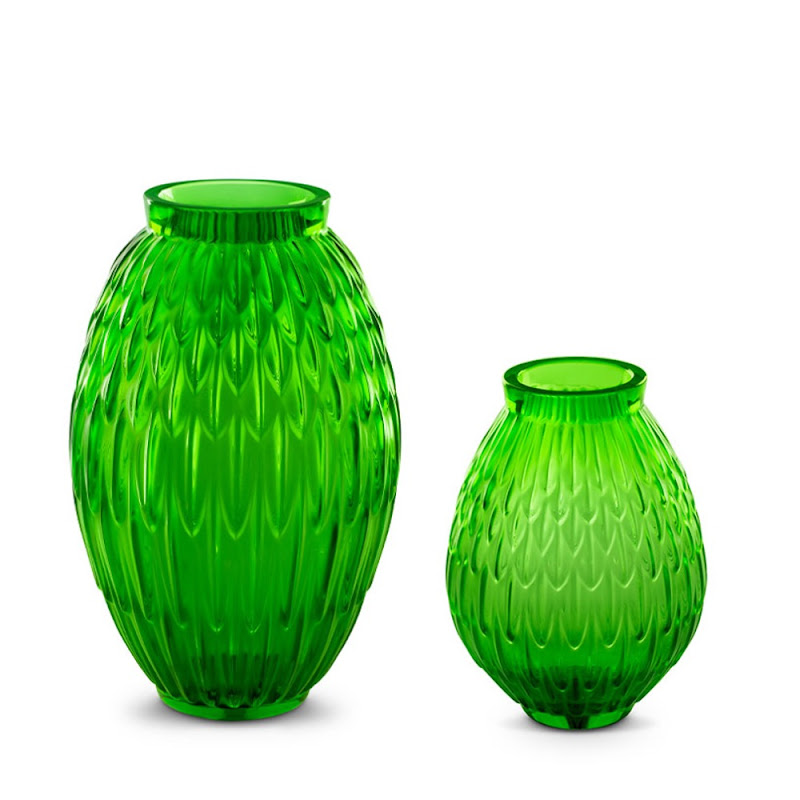 Vases 'Plumes' Green by Lalique